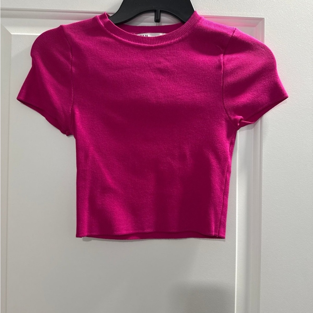 Zara Pink Crop Top with Crew Neck and Fitted Silhouette